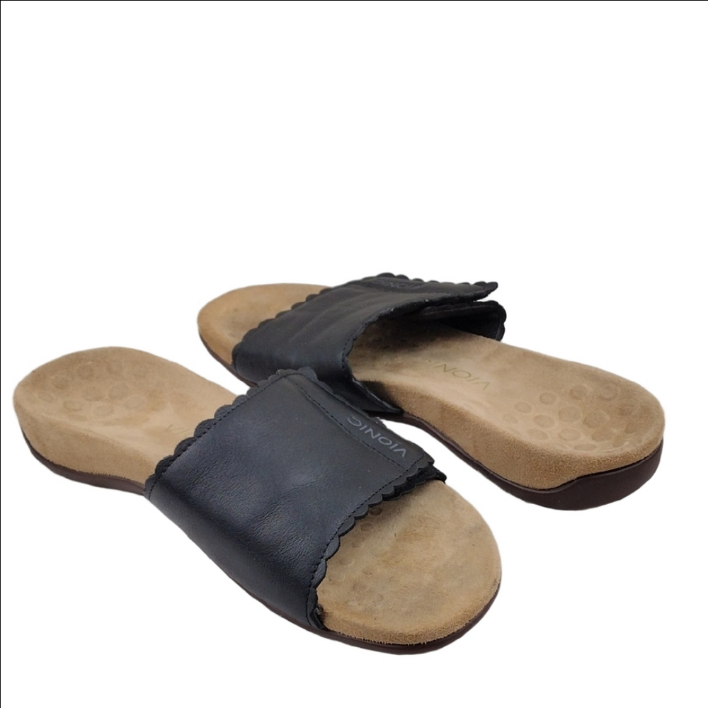 Vionic Podiatrist Design Black Tan Leather Open Round Toe Slide Flat Sandal Shoe
